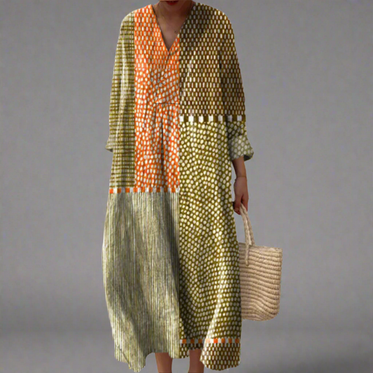 Vivienne | Vestido Maxi con Estampado Patchwork Terrestre
